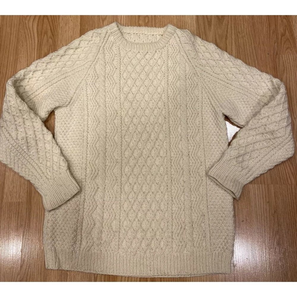 Vintage Irish Fisherman Wool Knit Sweater 3D Deep Textured M/L Cable Beige